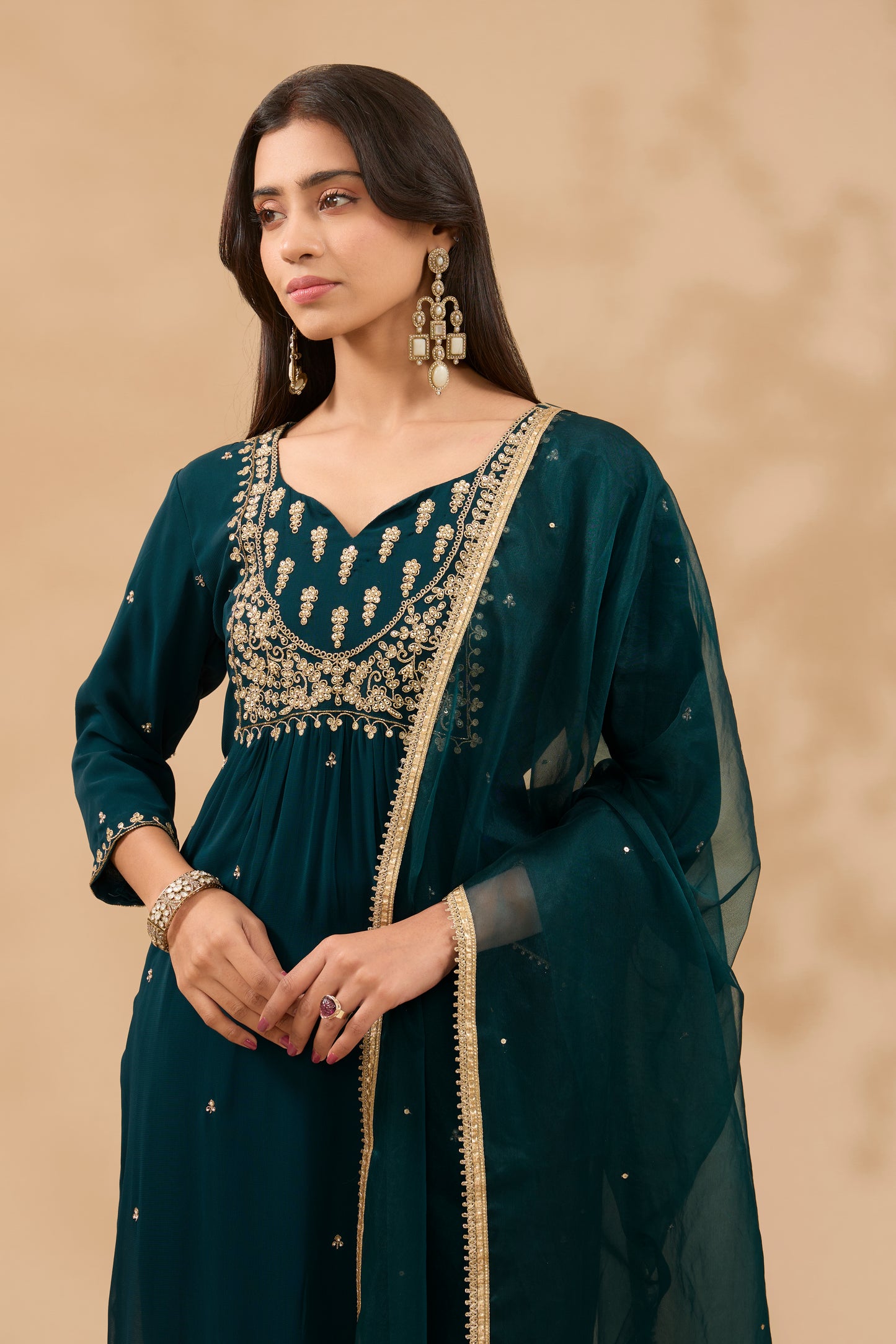 FARAH TEAL HAND EMBROIDERED STRAIGHT GEORGETTE KURTA SET (SET OF 3)
