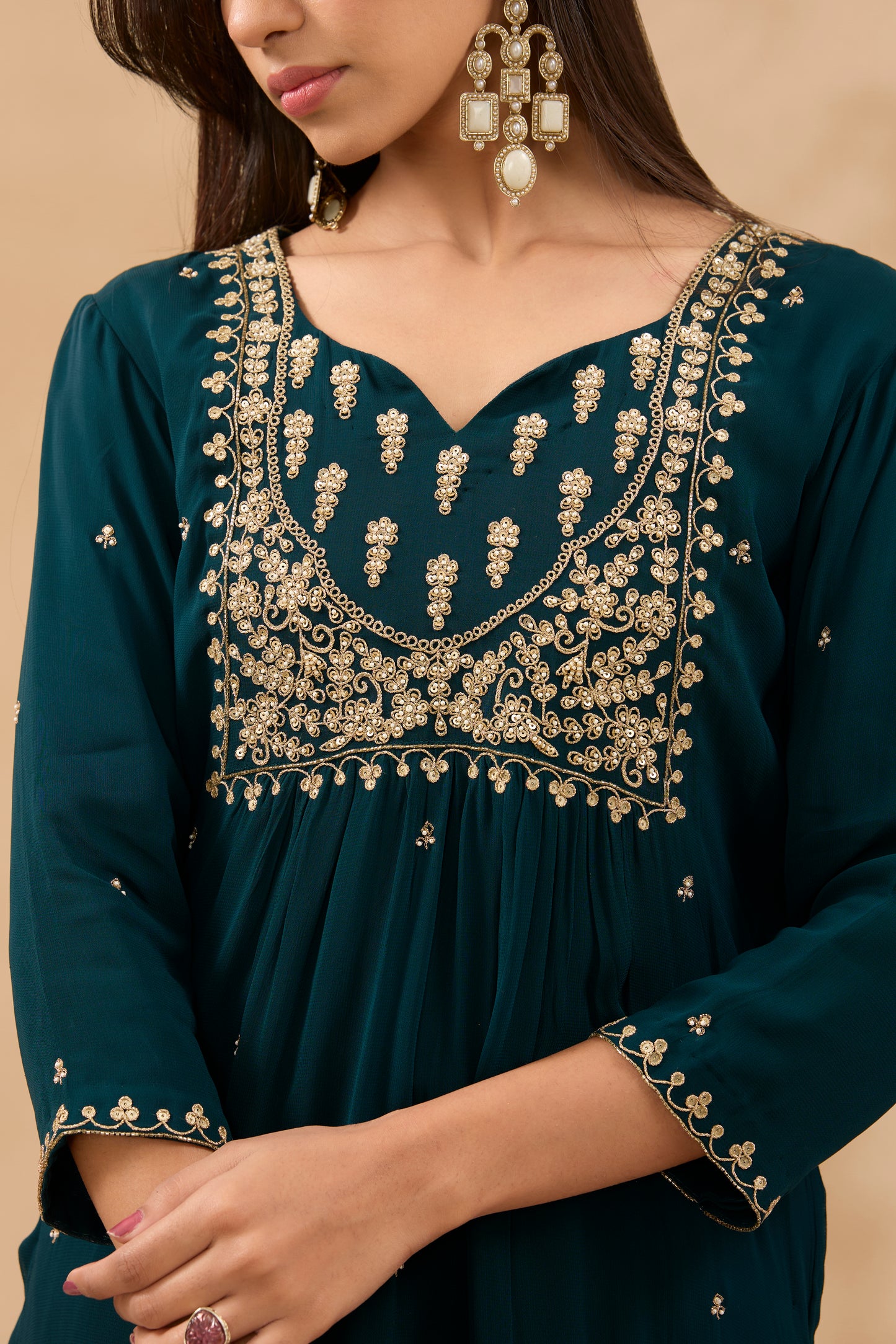 FARAH TEAL HAND EMBROIDERED STRAIGHT GEORGETTE KURTA SET (SET OF 3)