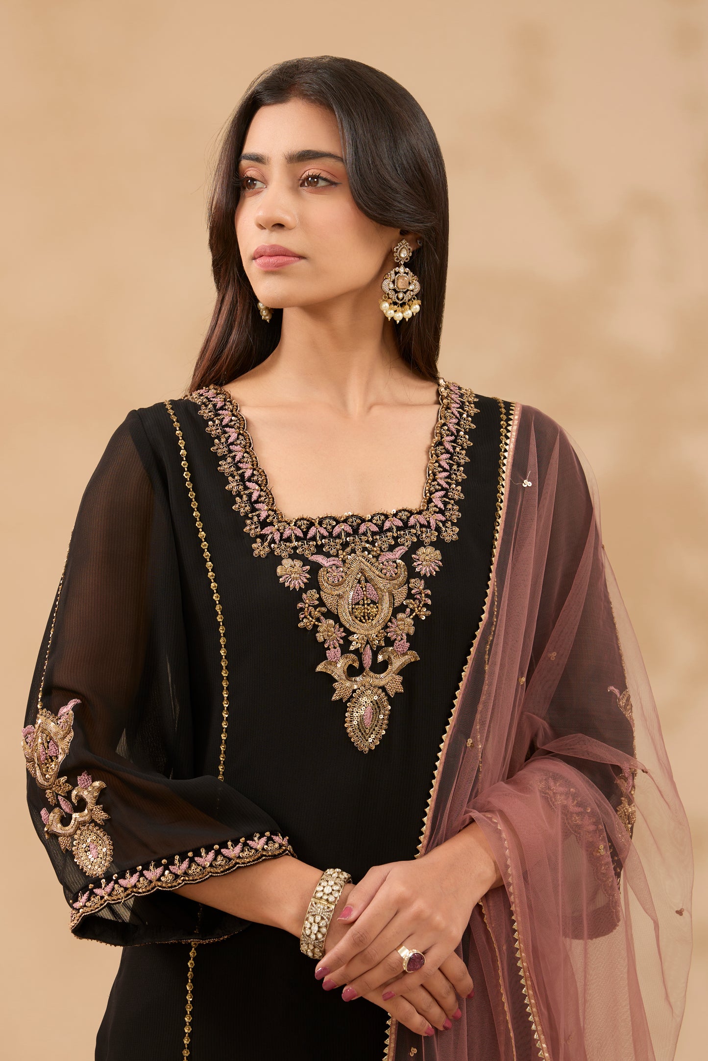 FARAH HAND EMBROIDERED BLACK & PINK GEORGETTE KURTA SET (SET OF 3)