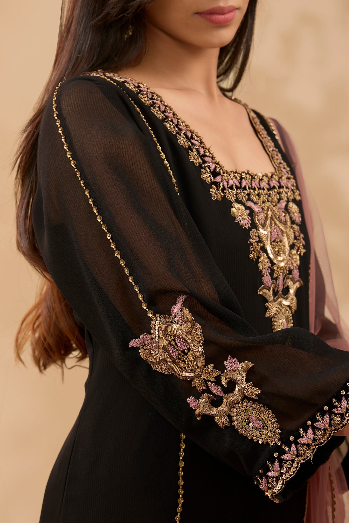 FARAH HAND EMBROIDERED BLACK & PINK GEORGETTE KURTA SET (SET OF 3)