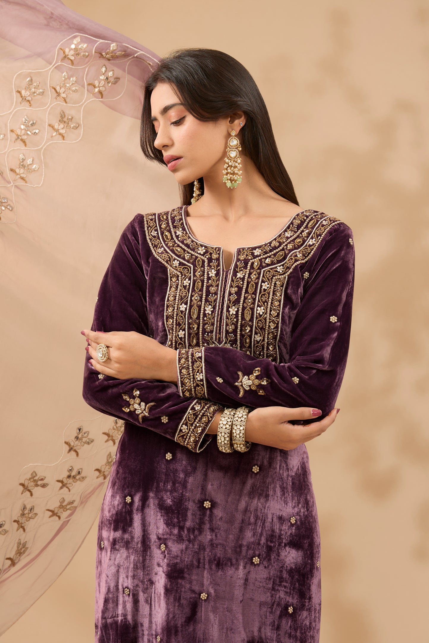 FARAH SILK VELVET DARK LAVENDER HAND EMBROIDERED KURTA SET (SET OF 3)