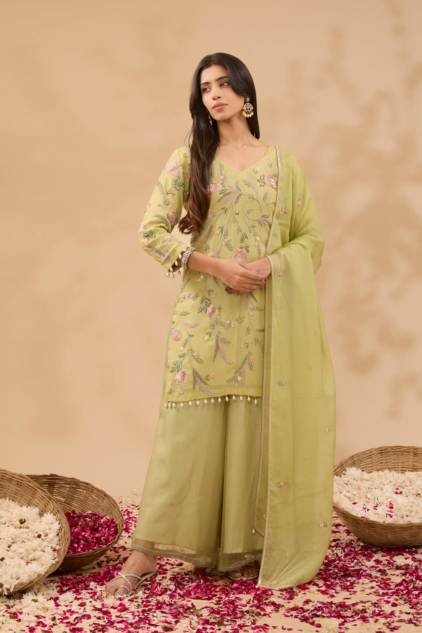 FARAH HAND EMBROIDERED SAGE GREEN LUREX GEORGETTE KURTA AND SHARARA SET (SET OF 3)