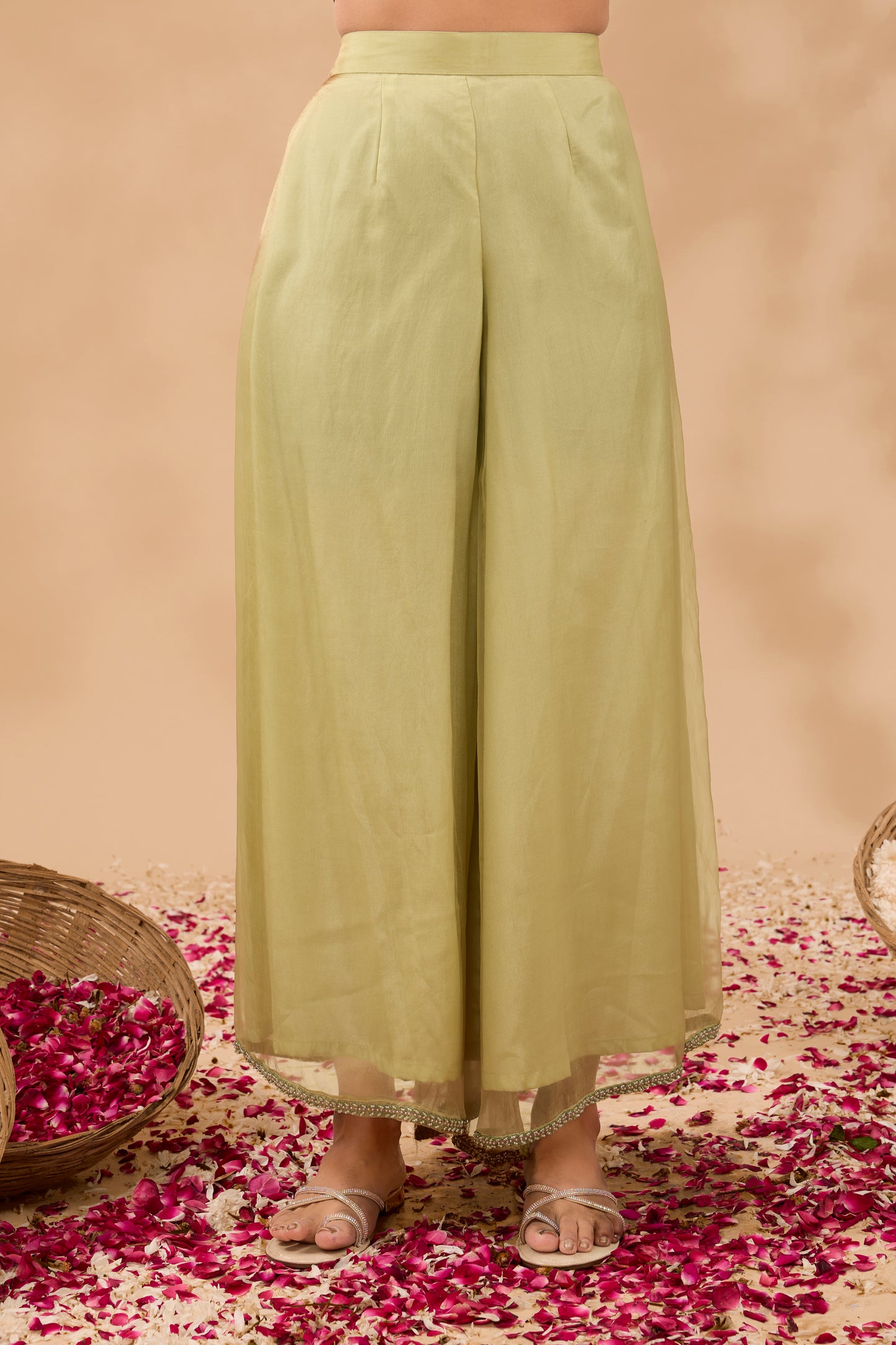 FARAH HAND EMBROIDERED SAGE GREEN LUREX GEORGETTE KURTA AND SHARARA SET (SET OF 3)