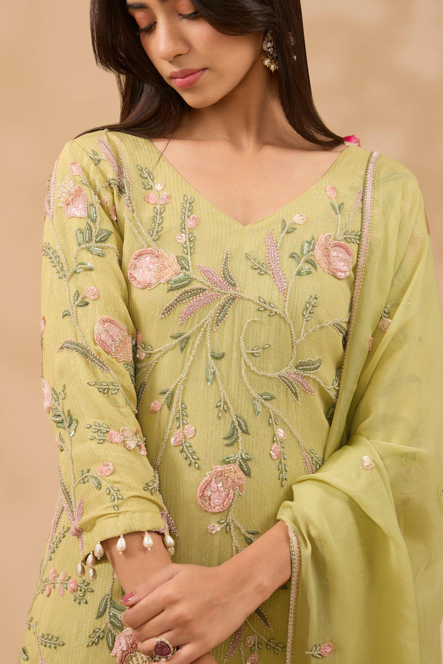 FARAH HAND EMBROIDERED SAGE GREEN LUREX GEORGETTE KURTA AND SHARARA SET (SET OF 3)