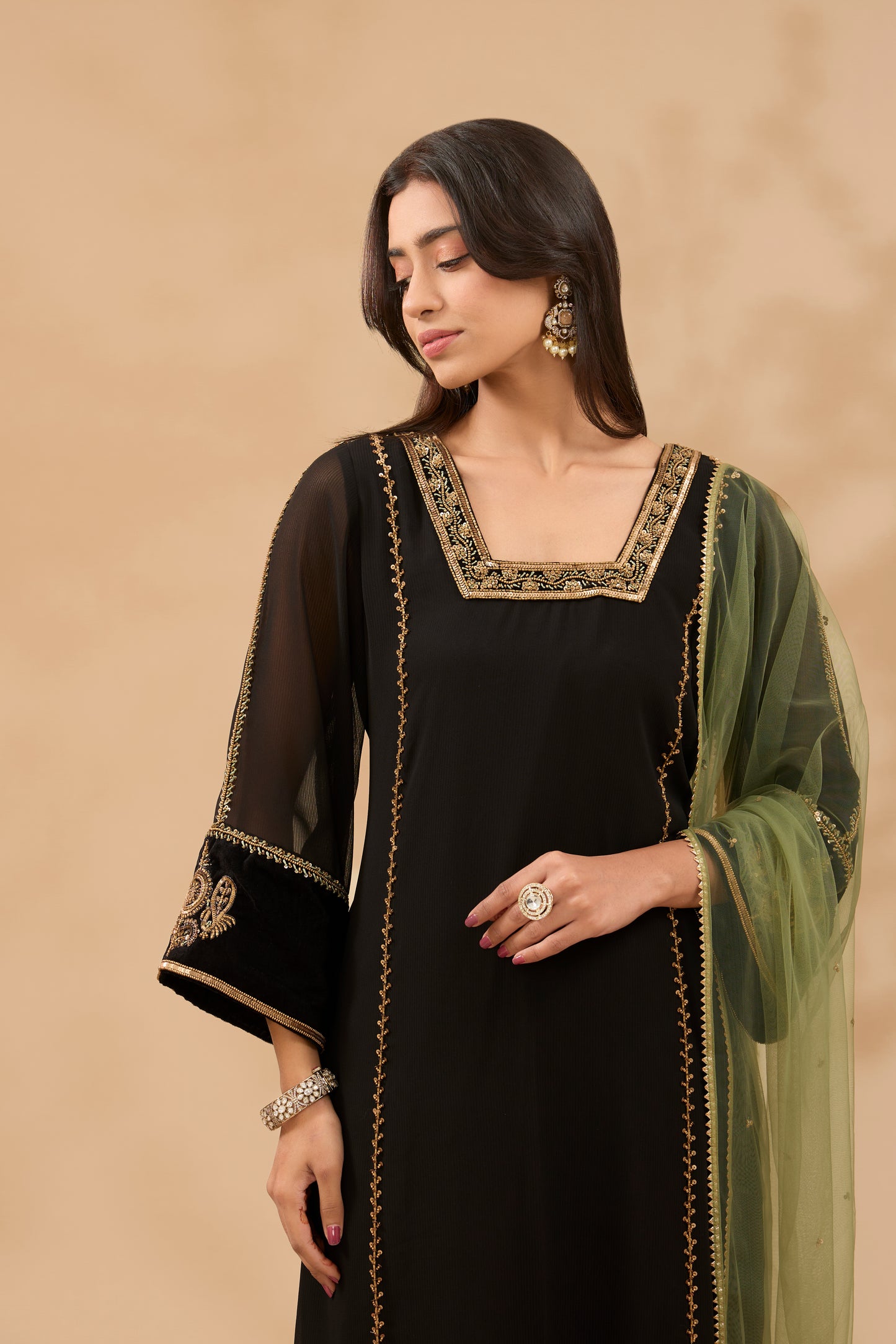 FARAH HAND EMBROIDERED BLACK AND GREEN GEORGETTE KURTA SET (SET OF 3)