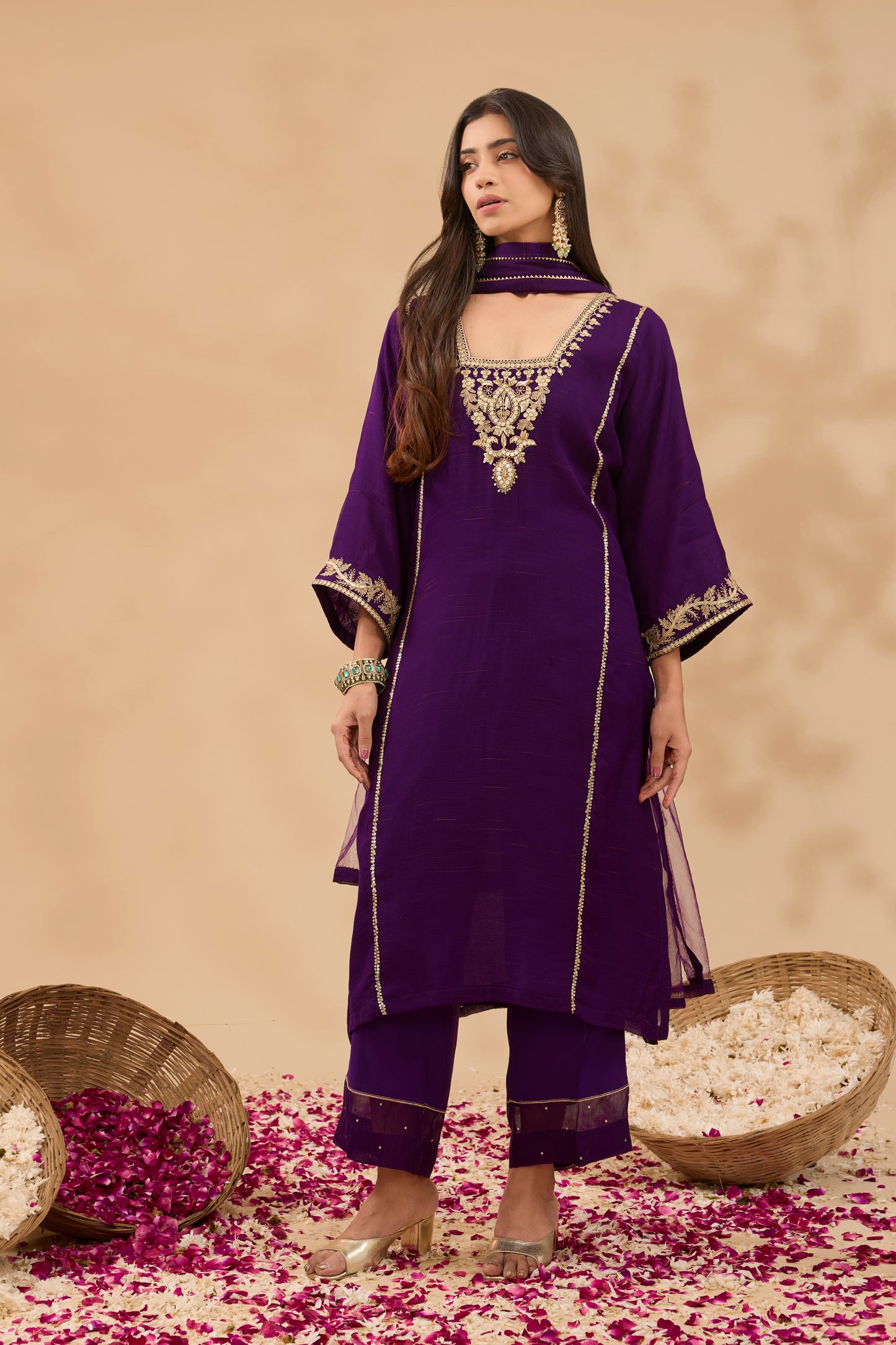 FARAH HAND EMBROIDERED PLUM CHANDERI CHOGA KURTA SET (SET OF 3)