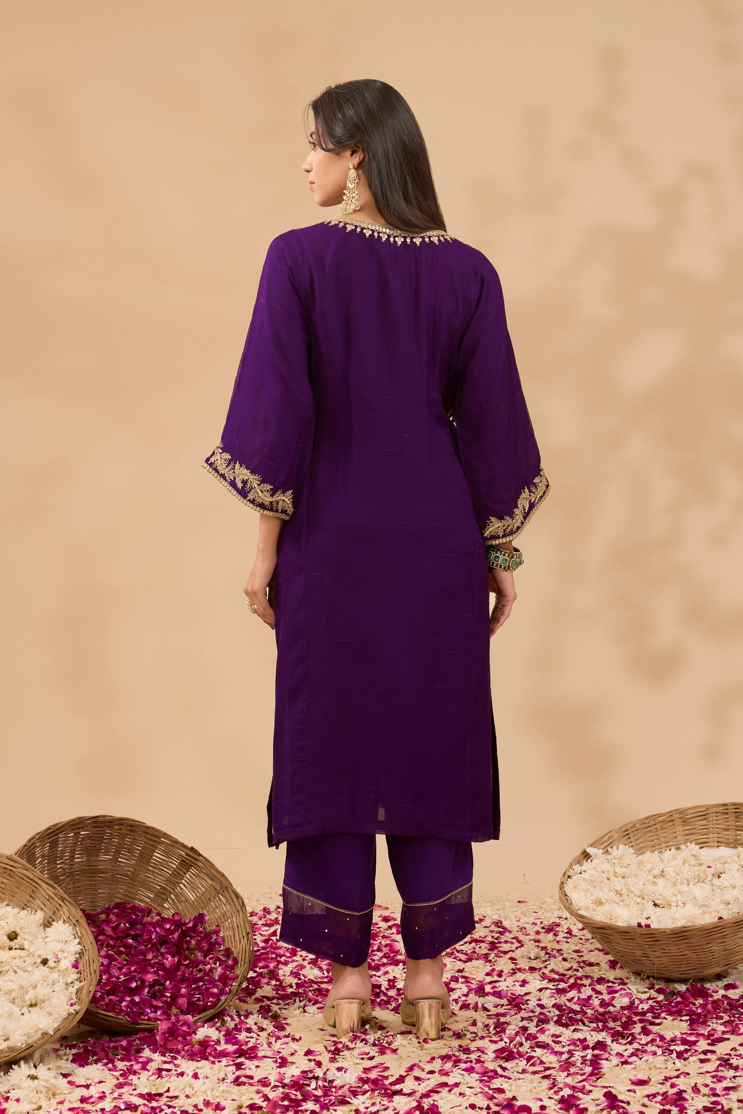 FARAH HAND EMBROIDERED PLUM CHANDERI CHOGA KURTA SET (SET OF 3)