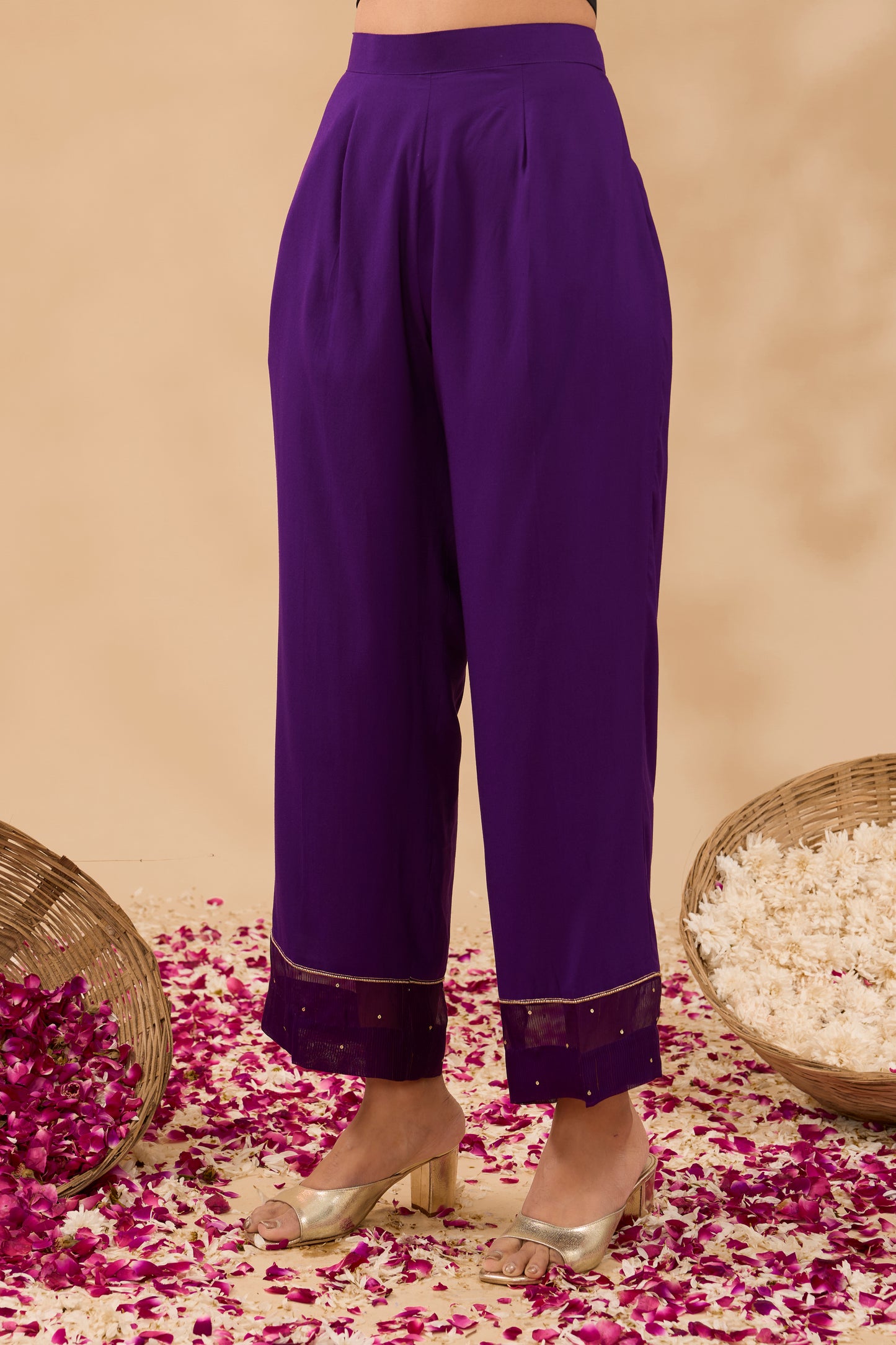 FARAH HAND EMBROIDERED PLUM CHANDERI CHOGA KURTA SET (SET OF 3)