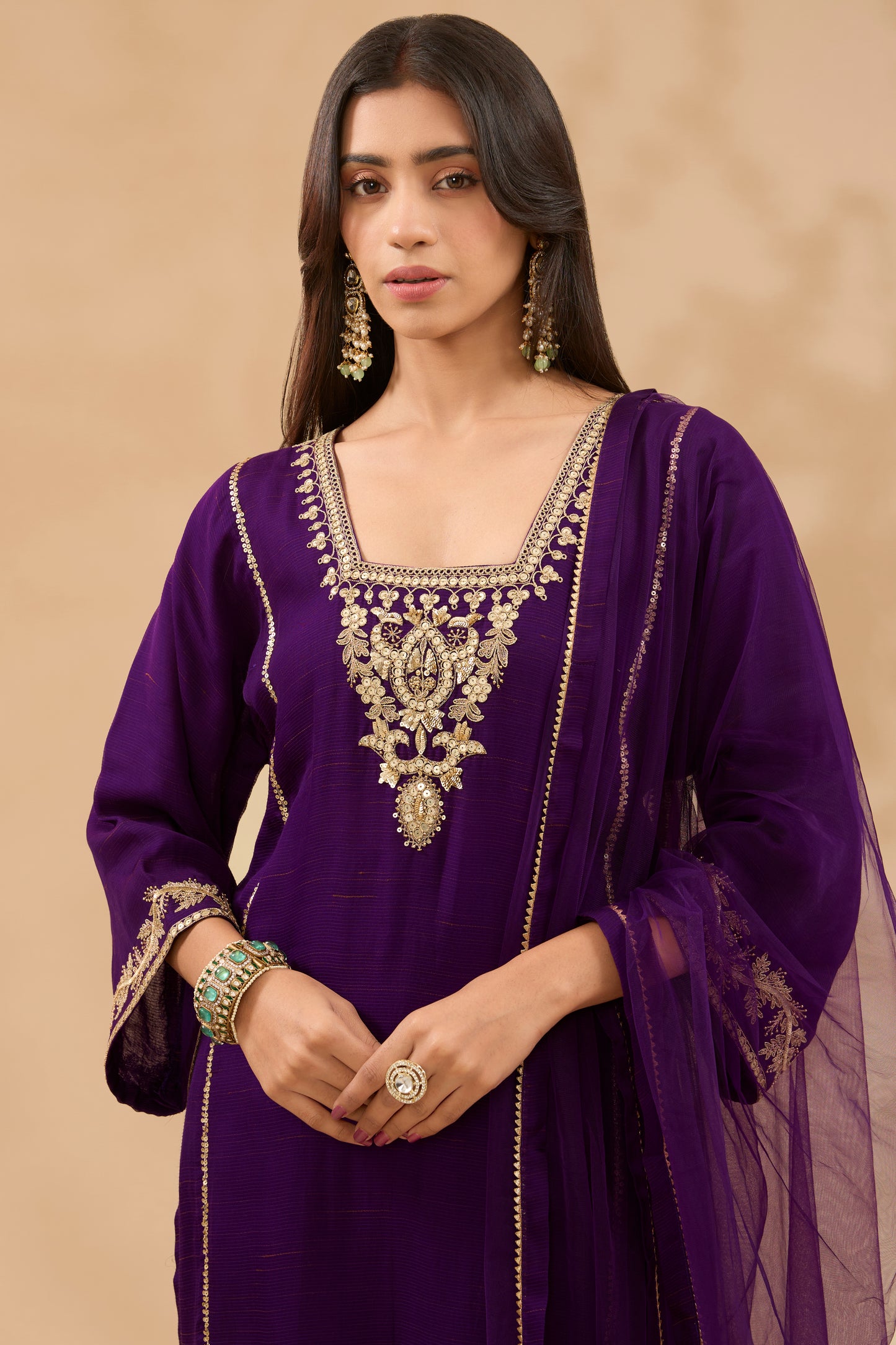 FARAH HAND EMBROIDERED PLUM CHANDERI CHOGA KURTA SET (SET OF 3)