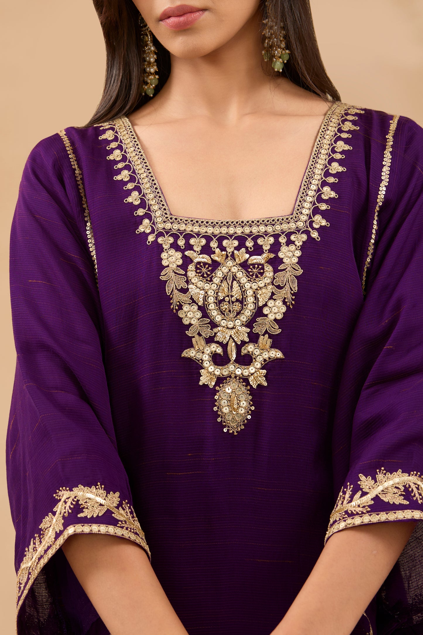 FARAH HAND EMBROIDERED PLUM CHANDERI CHOGA KURTA SET (SET OF 3)
