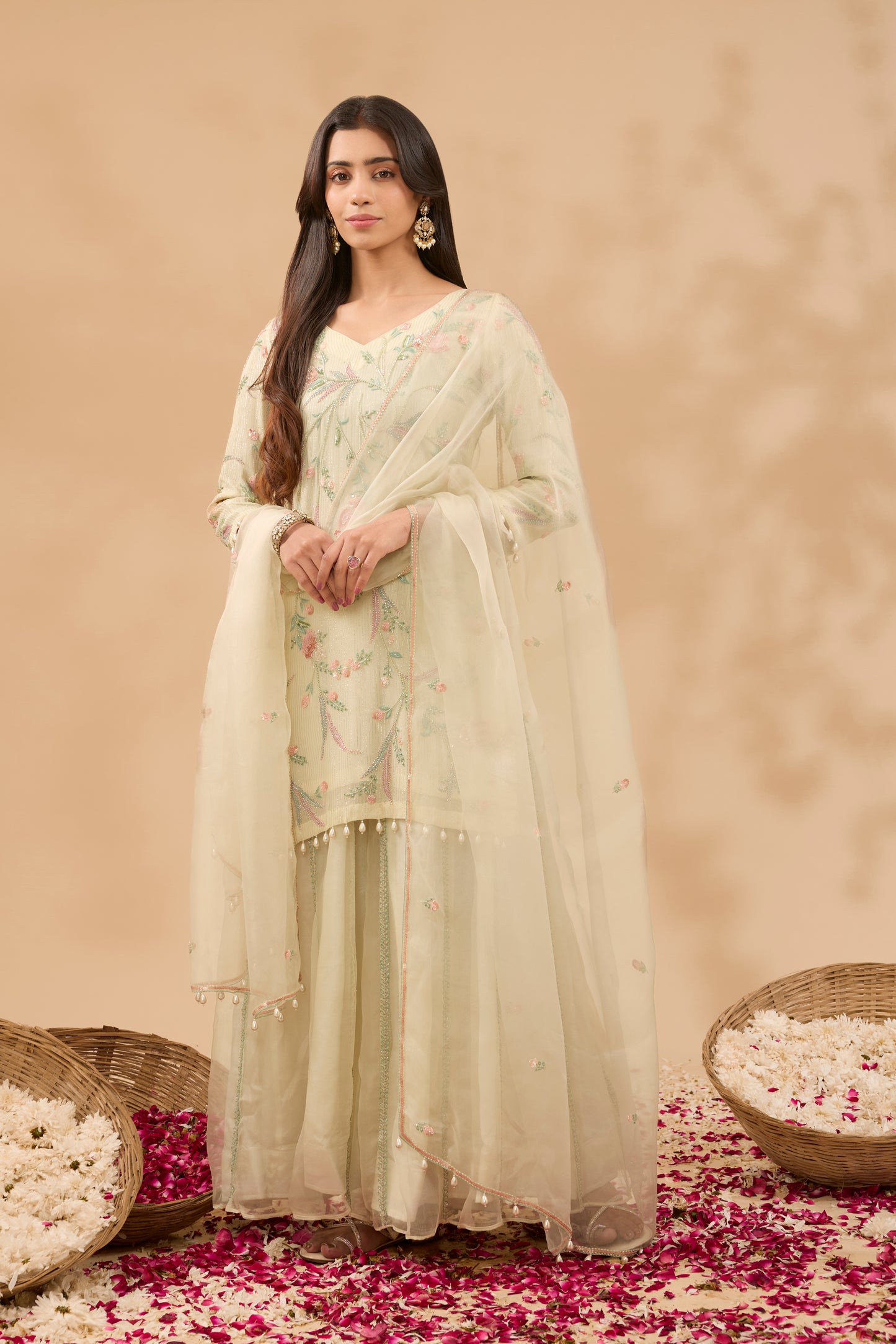 FARAH HAND EMBROIDERED ECRU GOLD LUREX GEORGETTE KURTA AND SHARARA SET (SET OF 3)
