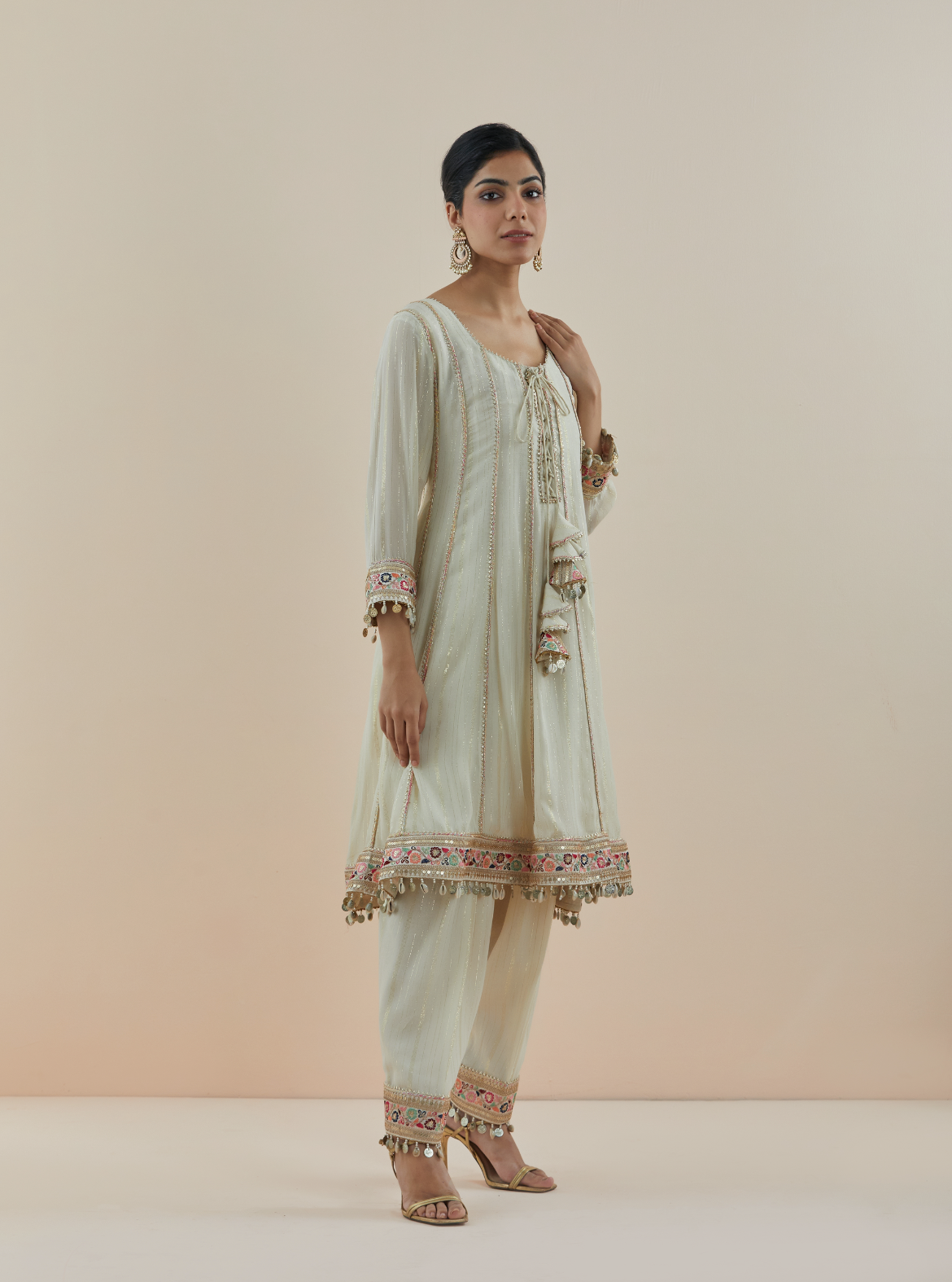 Ecru & Coral Lurex Georgette Anarkali Set