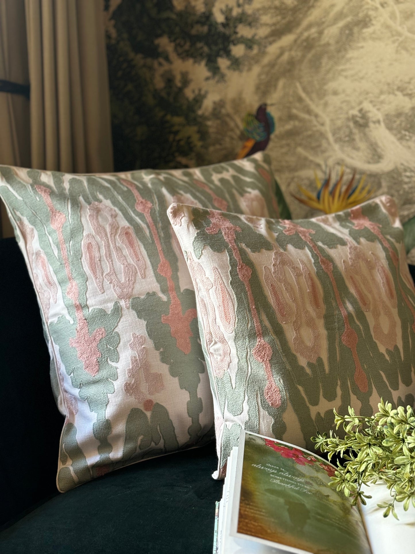 Peach and Pastel Green Embroidered Cushion cover
