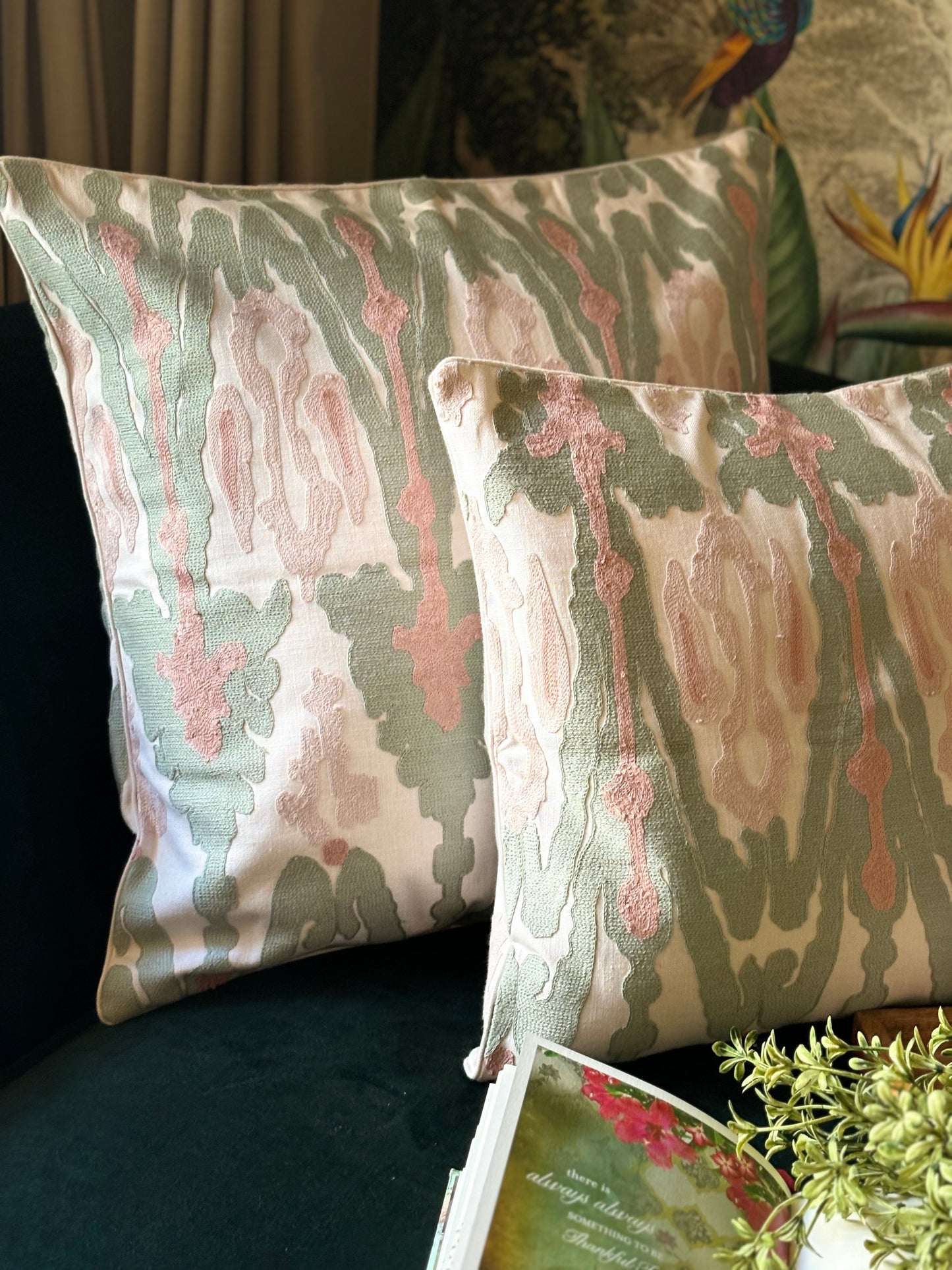 Peach and Pastel Green Embroidered Cushion cover
