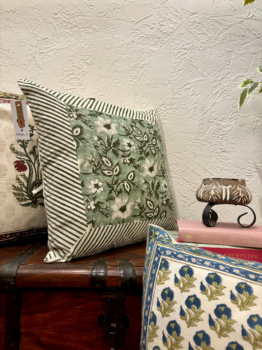 Handblock printed Hara Jaal Cushion cover