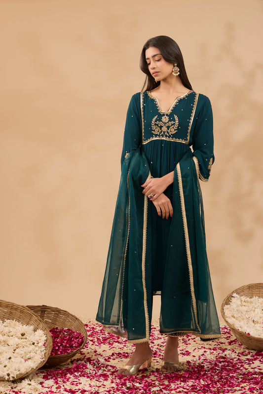 FARAH TEAL HAND EMBROIDERED A-LINE GEORGETTE KURTA SET (SET OF 3)