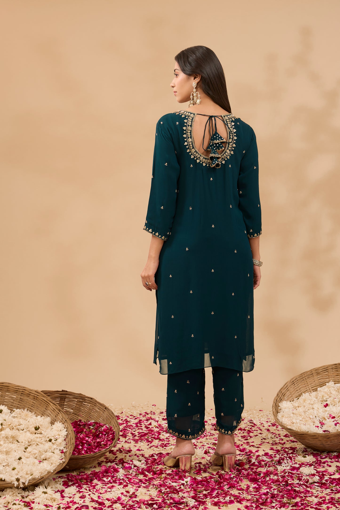 FARAH TEAL HAND EMBROIDERED STRAIGHT GEORGETTE KURTA SET (SET OF 3)