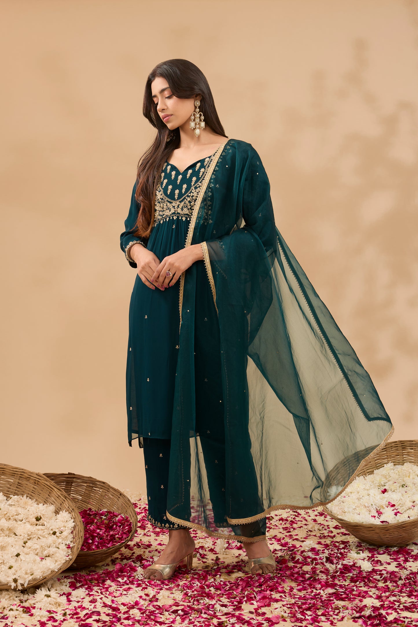 FARAH TEAL HAND EMBROIDERED STRAIGHT GEORGETTE KURTA SET (SET OF 3)
