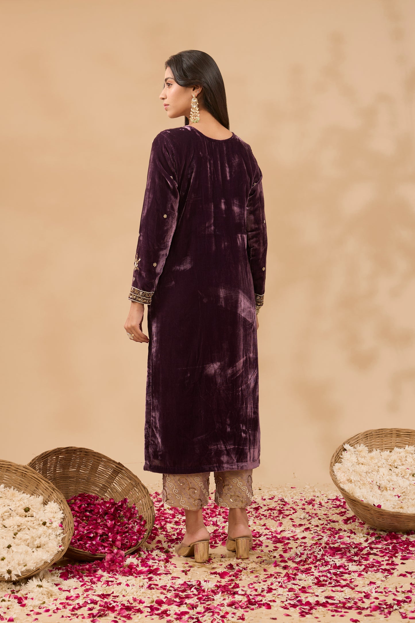 FARAH SILK VELVET DARK LAVENDER HAND EMBROIDERED KURTA SET (SET OF 3)