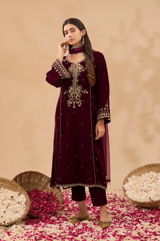 FARAH HAND EMBROIDERED DAREK MAROON A-LINE KURTA SET (SET OF 3)