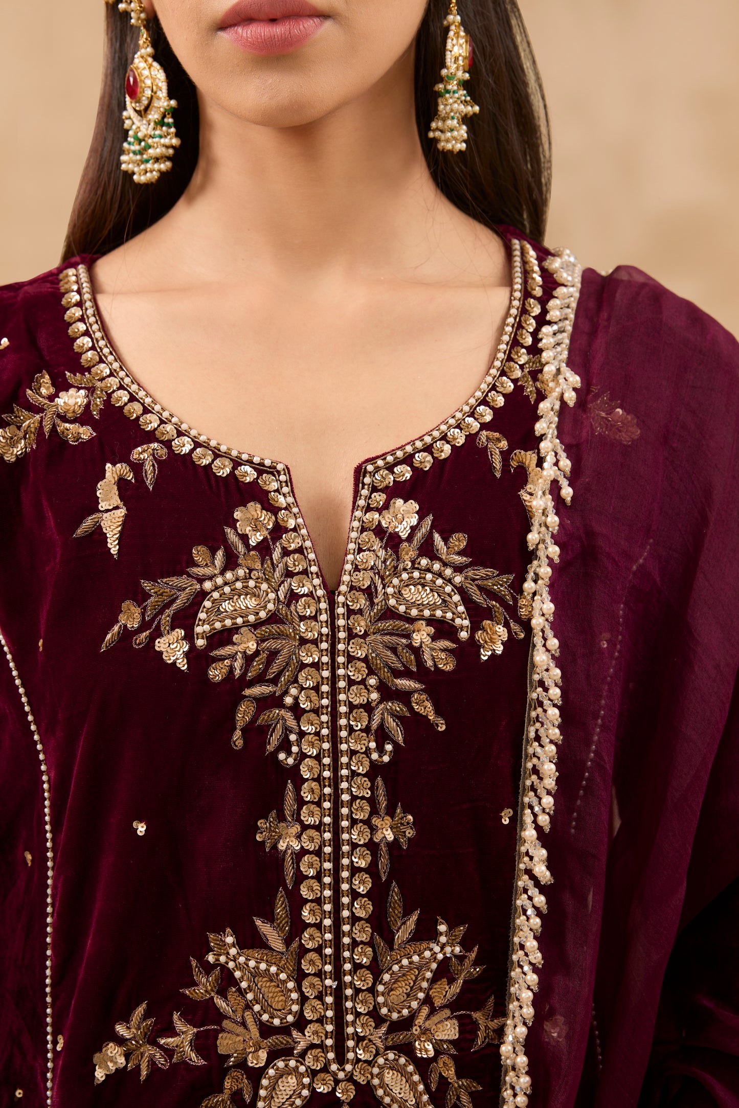 FARAH HAND EMBROIDERED DAREK MAROON A-LINE KURTA SET (SET OF 3)