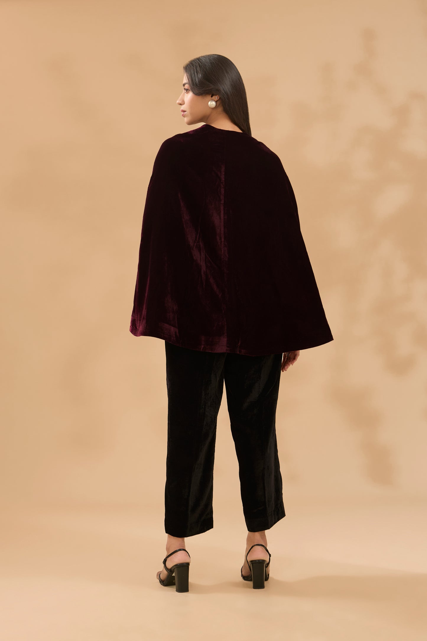 FARAH HAND EMBROIDERED MAROON VELVET CAPE AND PANT SET