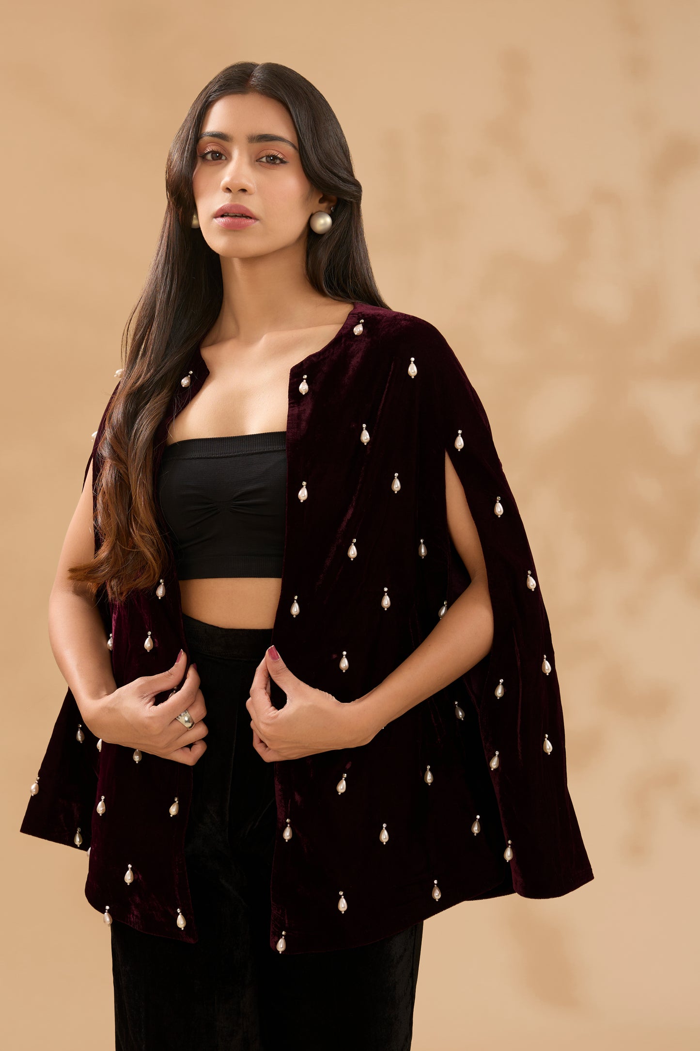FARAH HAND EMBROIDERED MAROON VELVET CAPE AND PANT SET